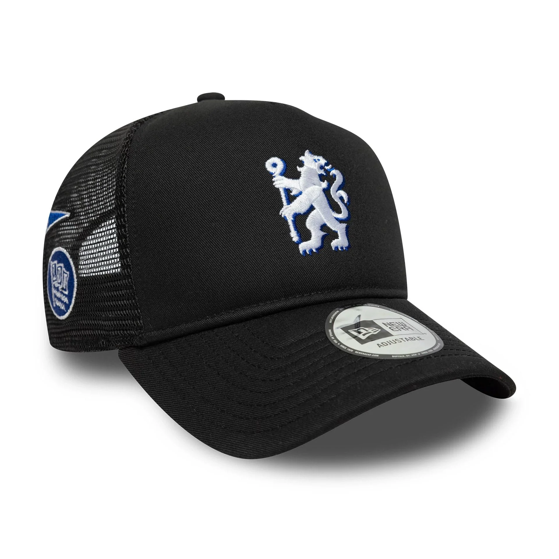 Chelsea FC Lion Crest Patch Black 9FORTY A-Frame Trucker Cap