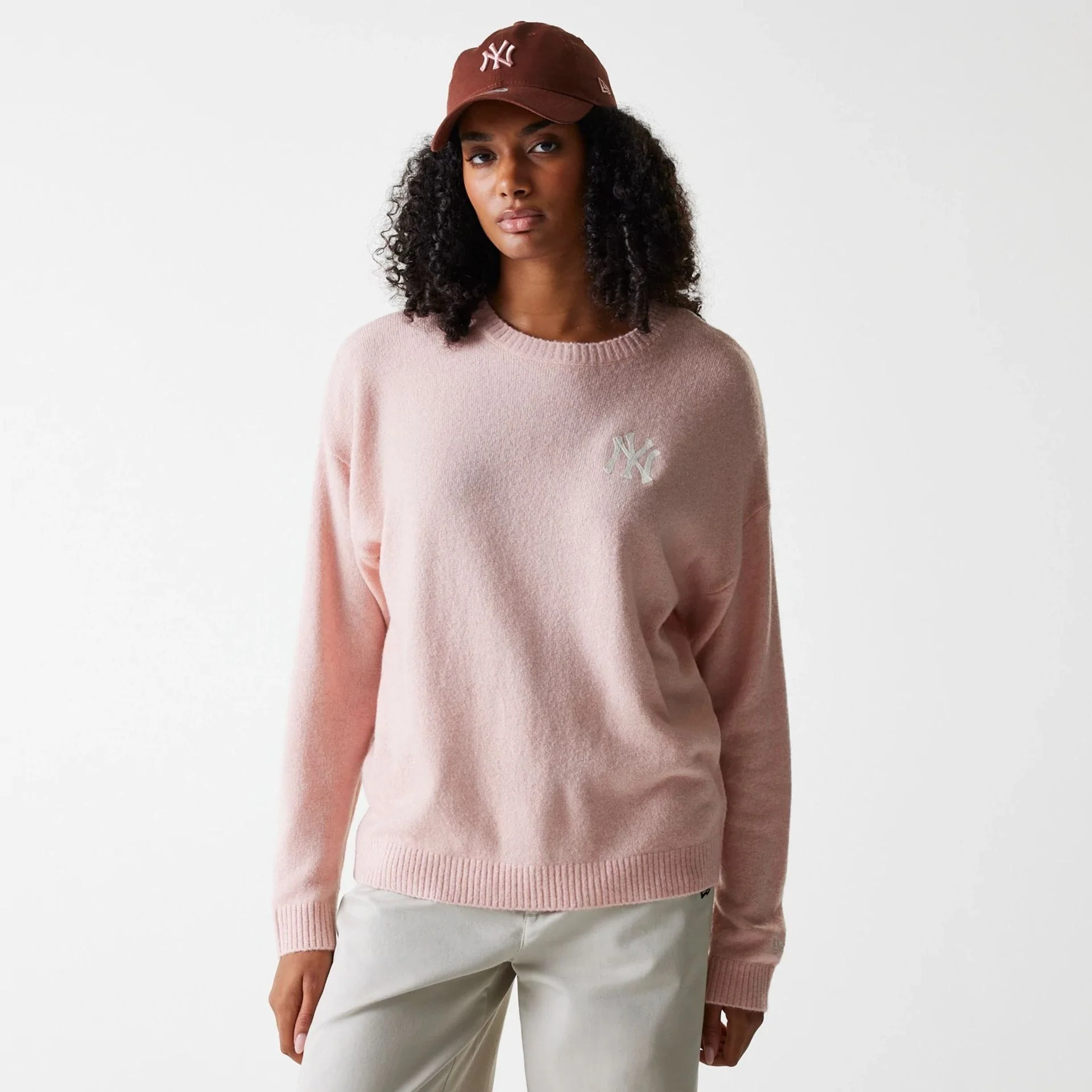 New York Yankees Womens MLB Knit Pastel Pink Crew Neck Sweater