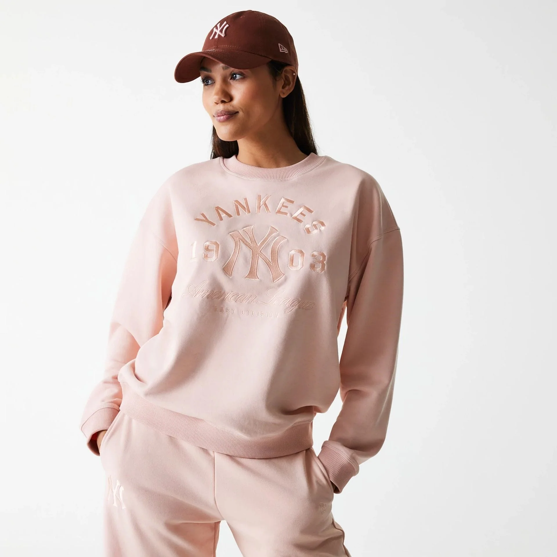 New York Yankees Womens MLB Tonal Graphic Pastel Pink Oversized Crew Neck Sweater